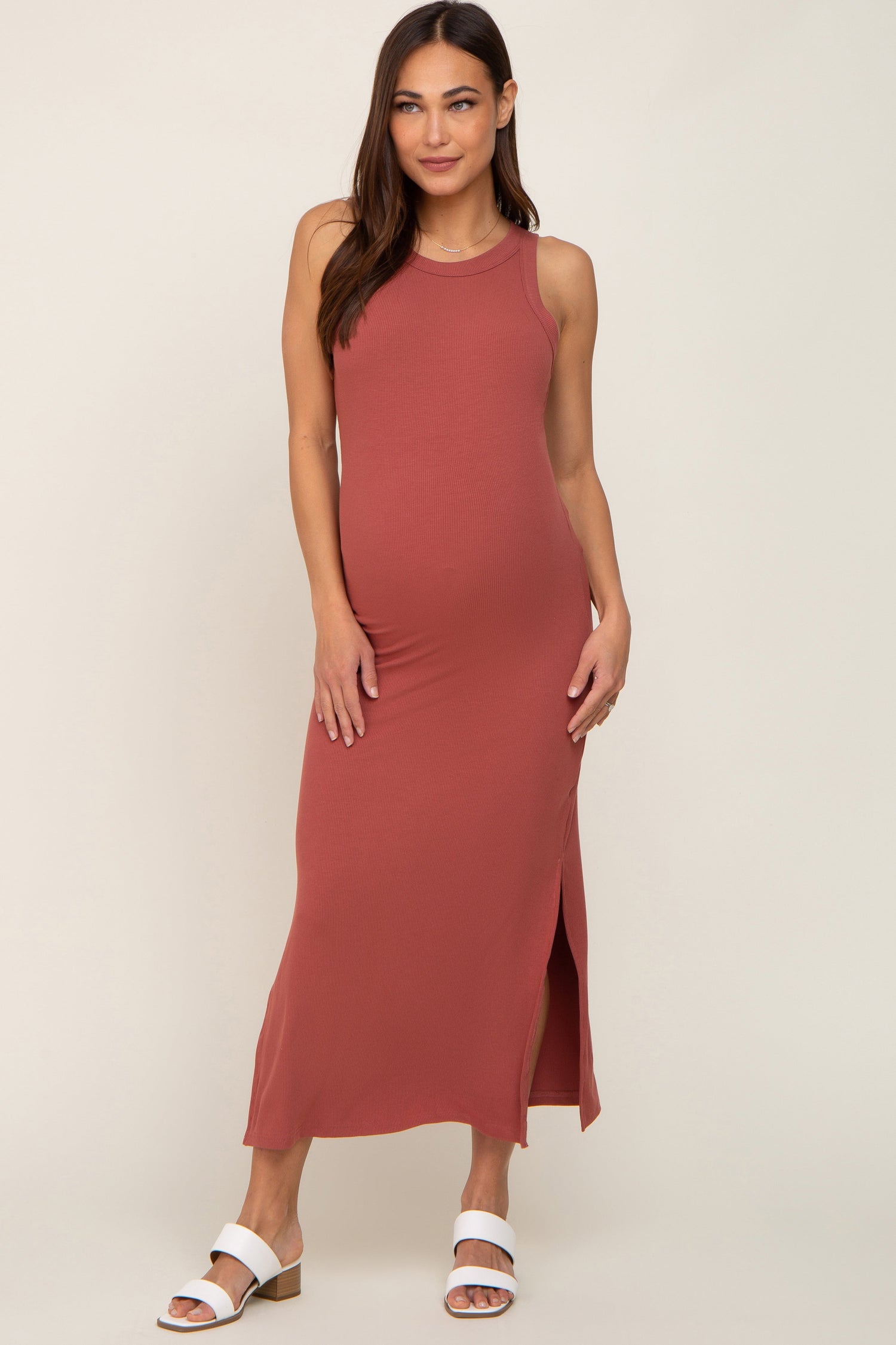 Rust Ribbed Maternity Side Slit Tank Dress by PinkBlush at Everetts Place