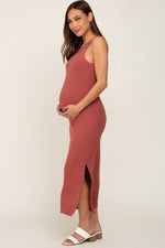 Rust Ribbed Maternity Side Slit Tank Dress by PinkBlush at Everetts Place