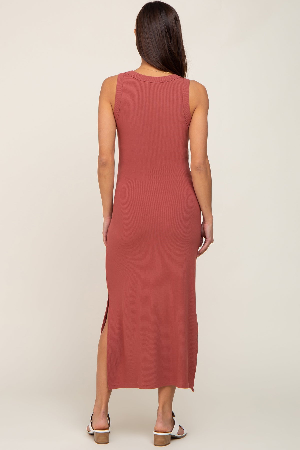 Rust Ribbed Maternity Side Slit Tank Dress by PinkBlush at Everetts Place