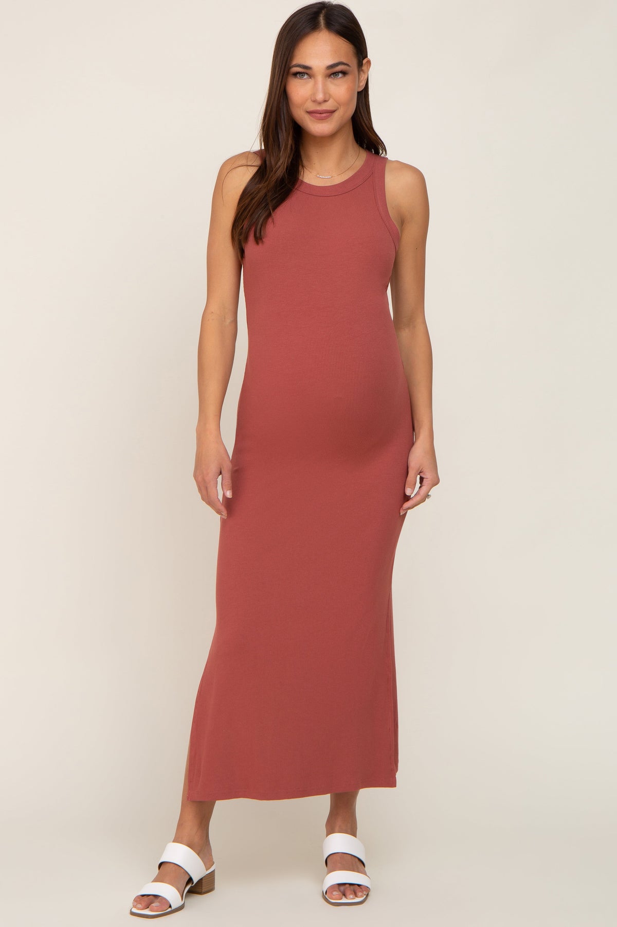 Rust Ribbed Maternity Side Slit Tank Dress by PinkBlush at Everetts Place