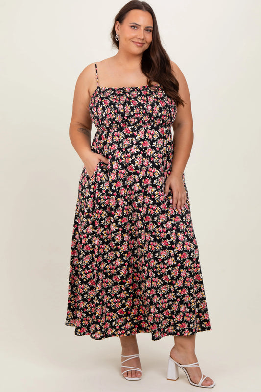 Black Square Neck Smocked Plus Midi Dress PinkBlush