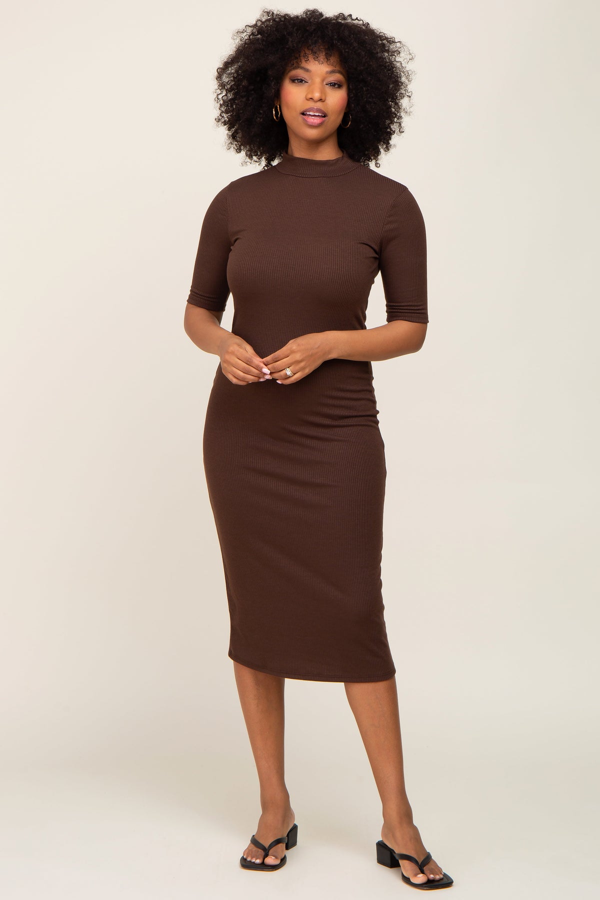 Ribbed Mock Neck Short Sleeve Midi Dress by PinkBlush