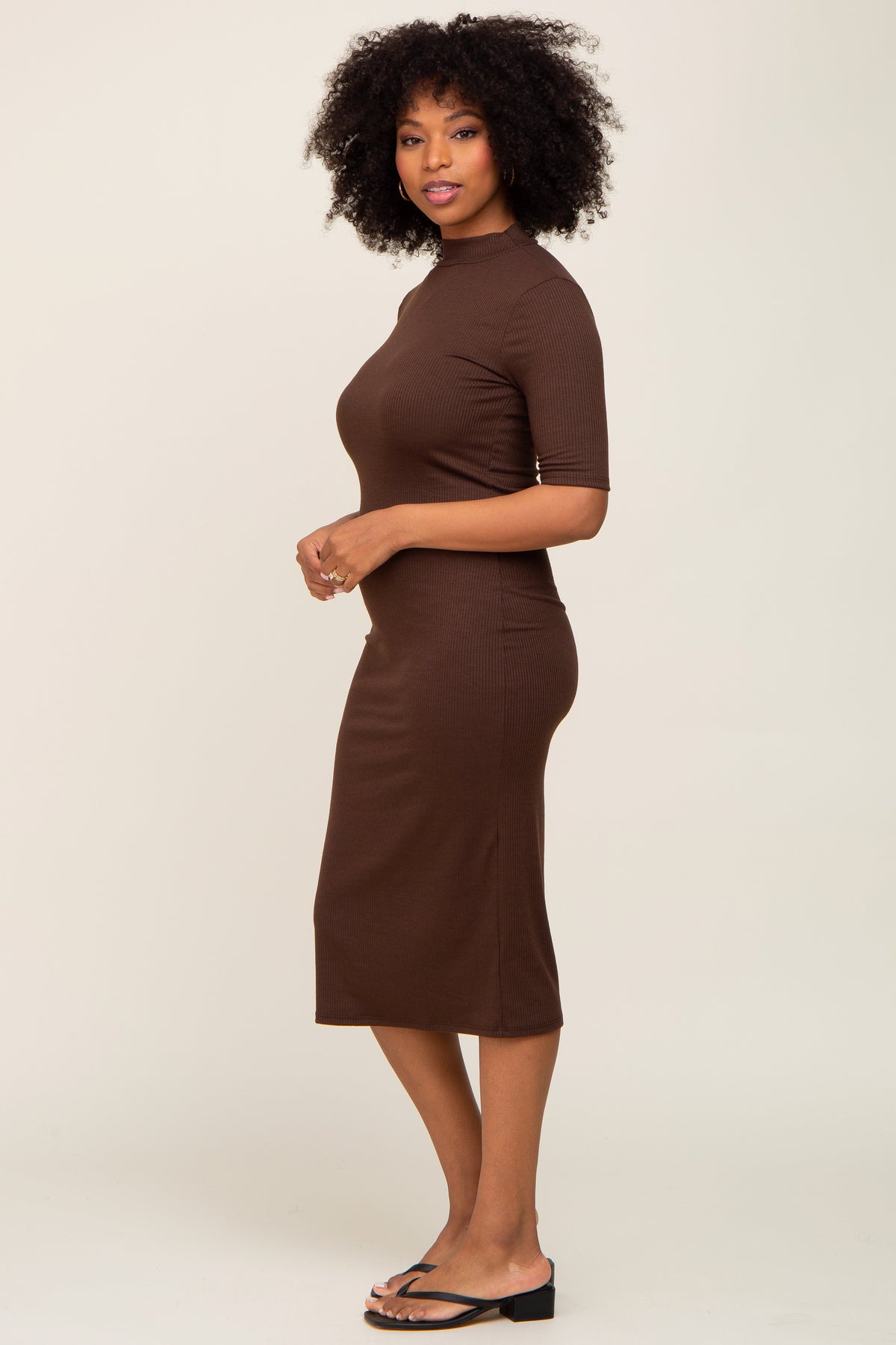 Ribbed Mock Neck Short Sleeve Midi Dress by PinkBlush