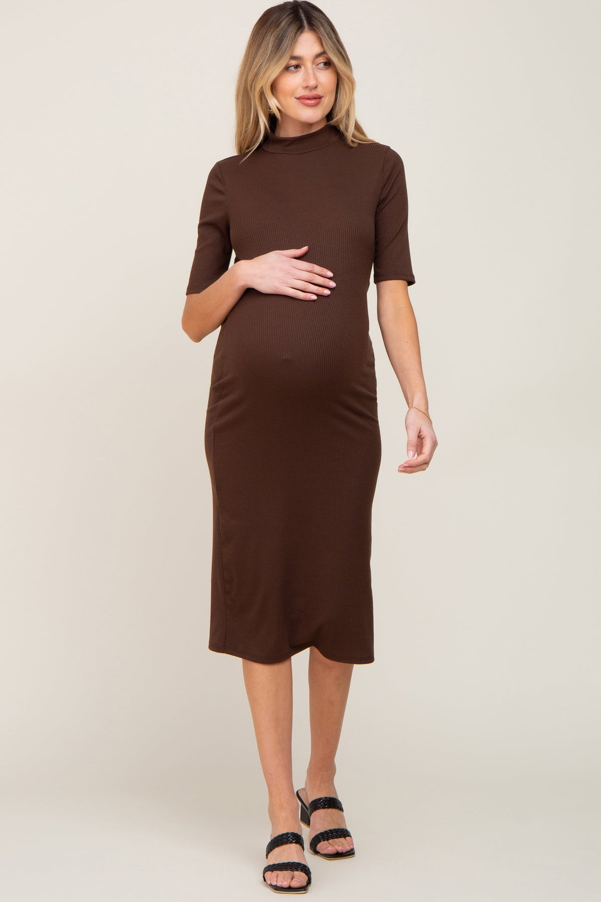 Ribbed Mock Neck Maternity Dress, Midi Length by PinkBlush