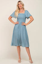 Light Blue Smocked Square Neck Flutter Short Sleeve Maternity Midi Dress by PinkBlush at Everetts Place