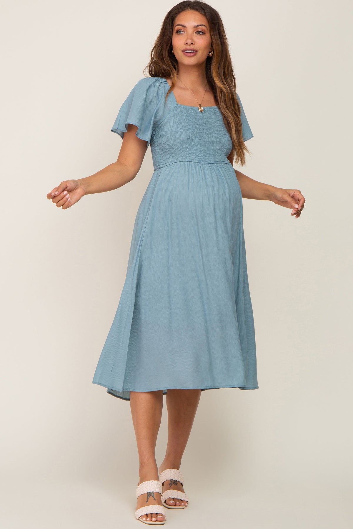 Light Blue Smocked Square Neck Flutter Short Sleeve Maternity Midi Dress by PinkBlush at Everetts Place