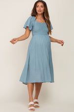 Light Blue Smocked Square Neck Flutter Short Sleeve Maternity Midi Dress by PinkBlush at Everetts Place