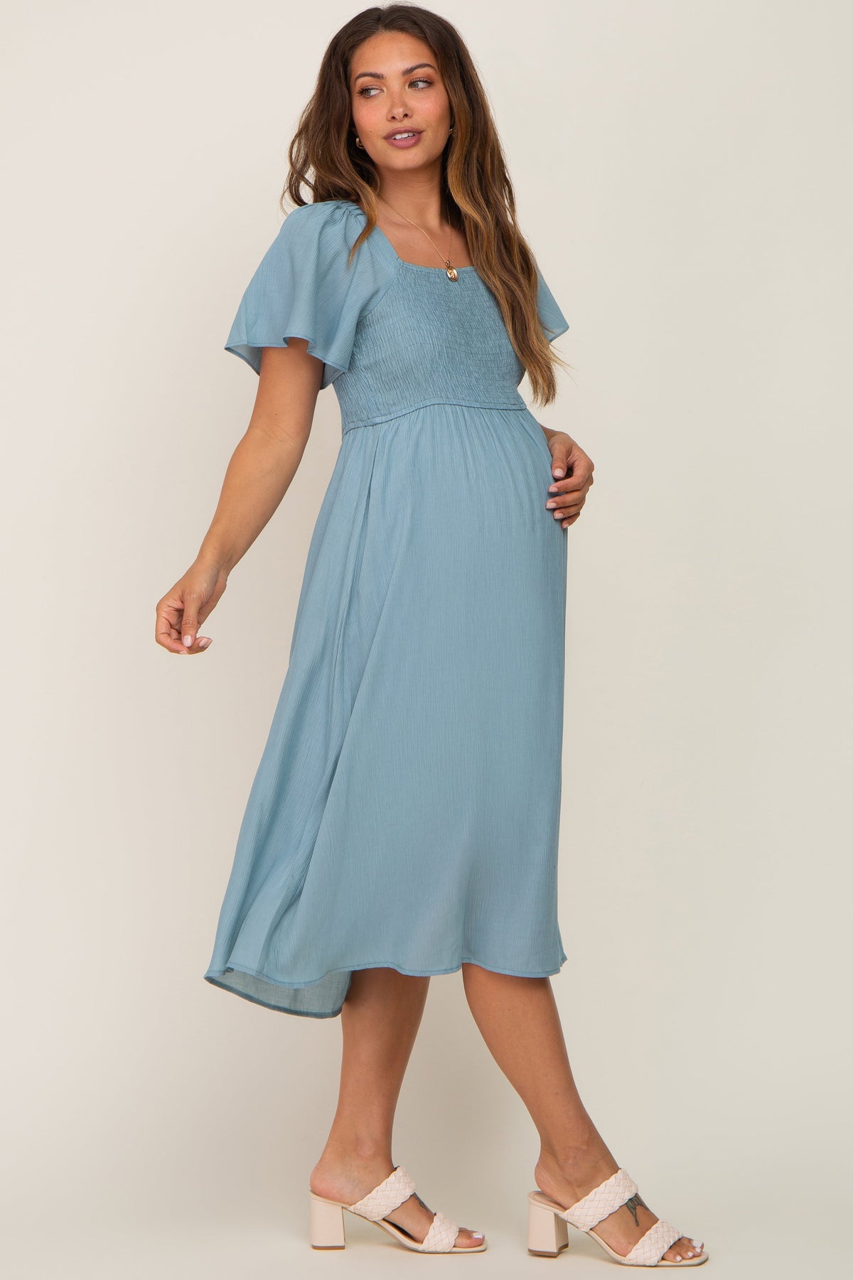 Light Blue Smocked Square Neck Flutter Short Sleeve Maternity Midi Dress by PinkBlush at Everetts Place