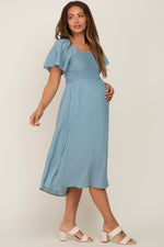 Light Blue Smocked Square Neck Flutter Short Sleeve Maternity Midi Dress by PinkBlush at Everetts Place
