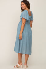 Light Blue Smocked Square Neck Flutter Short Sleeve Maternity Midi Dress by PinkBlush at Everetts Place