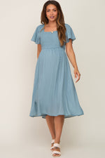 Light Blue Smocked Square Neck Flutter Short Sleeve Maternity Midi Dress by PinkBlush at Everetts Place