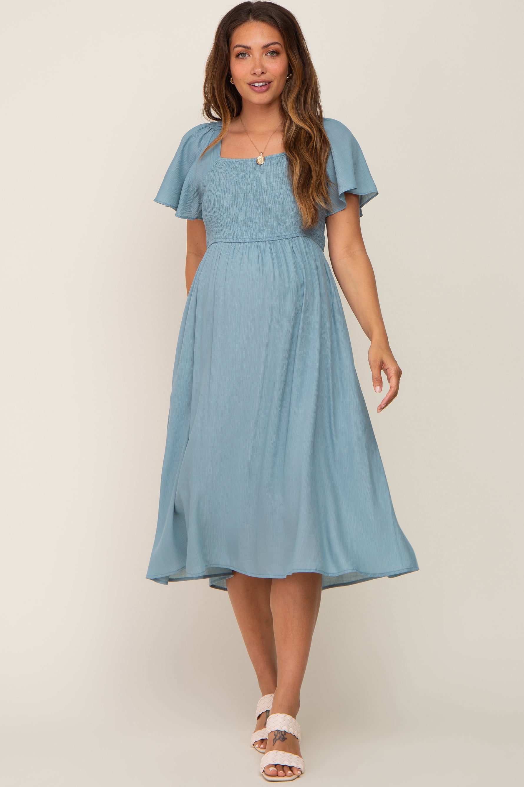 Light Blue Smocked Square Neck Flutter Short Sleeve Maternity Midi Dress by PinkBlush at Everetts Place