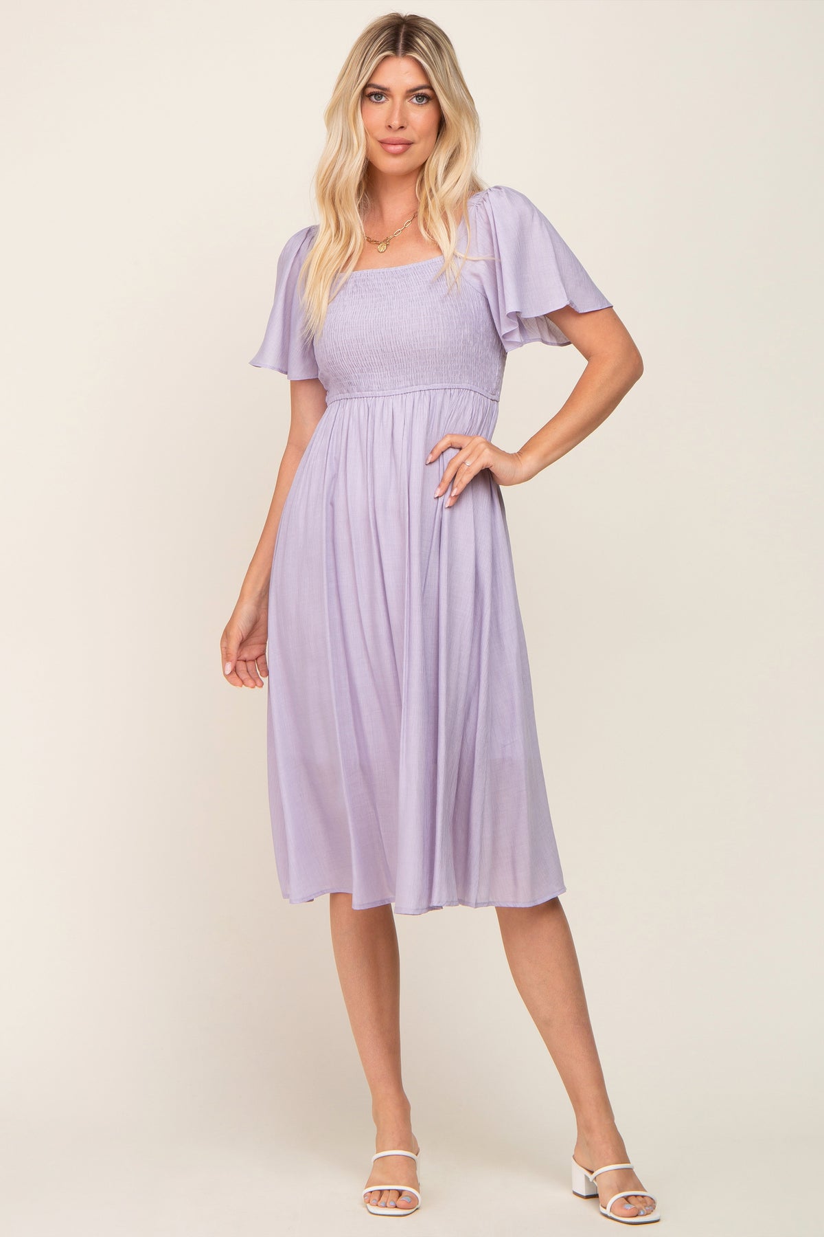 Lavender Smocked Square Neck Flutter Short Sleeve Maternity Midi Dress by PinkBlush at Everetts Place