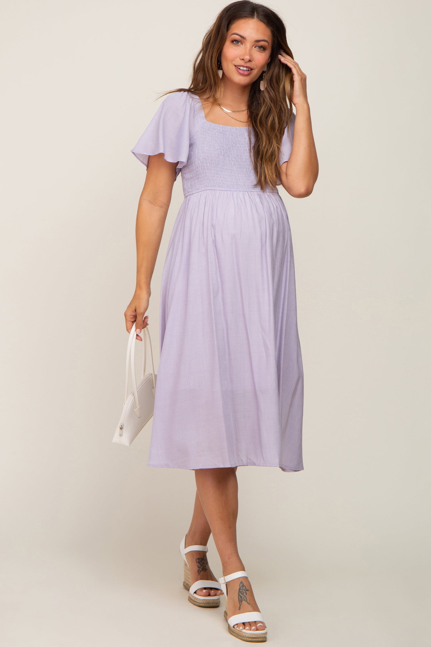 Lavender Smocked Square Neck Flutter Short Sleeve Maternity Midi Dress by PinkBlush at Everetts Place