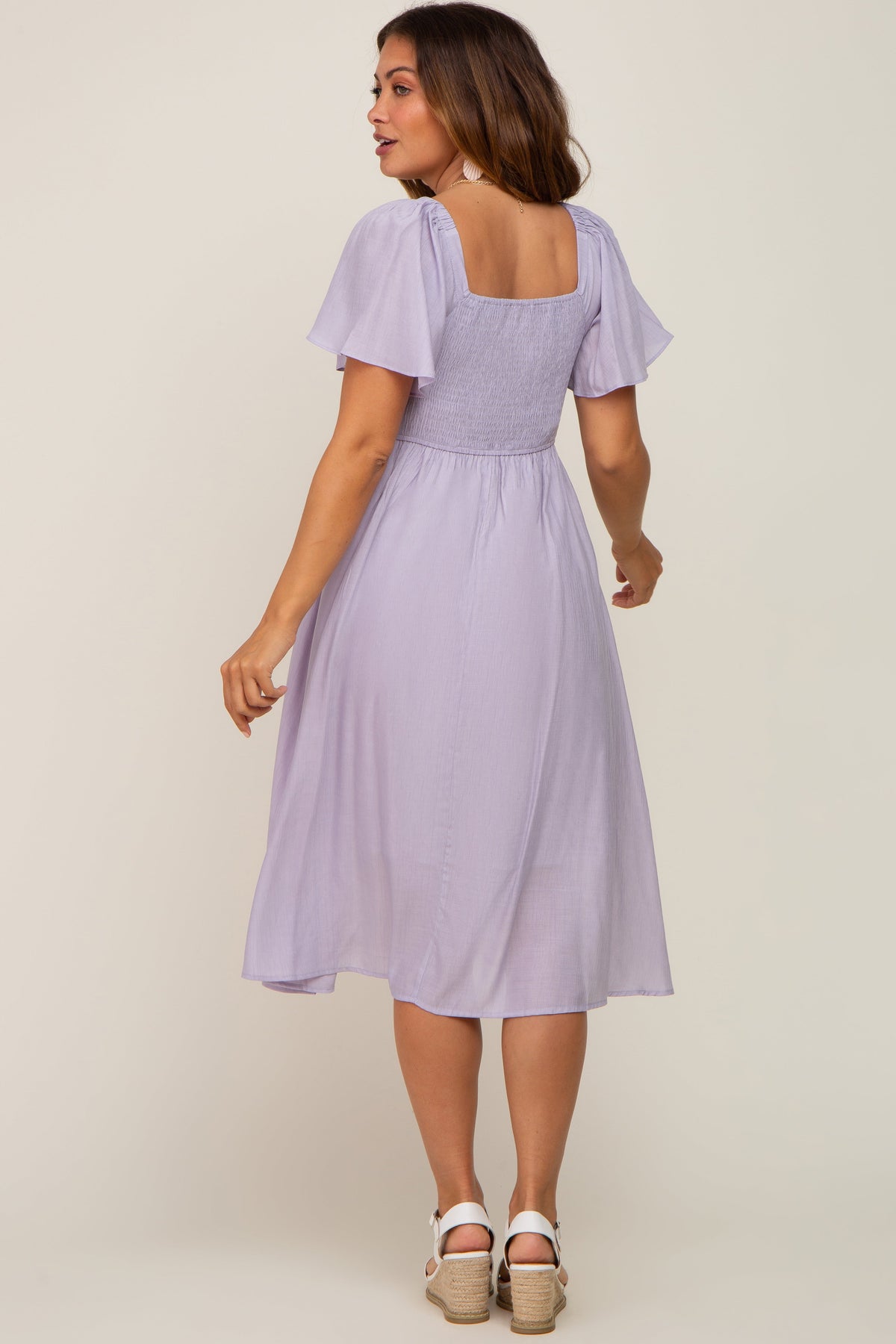 Lavender Smocked Square Neck Flutter Short Sleeve Maternity Midi Dress by PinkBlush at Everetts Place