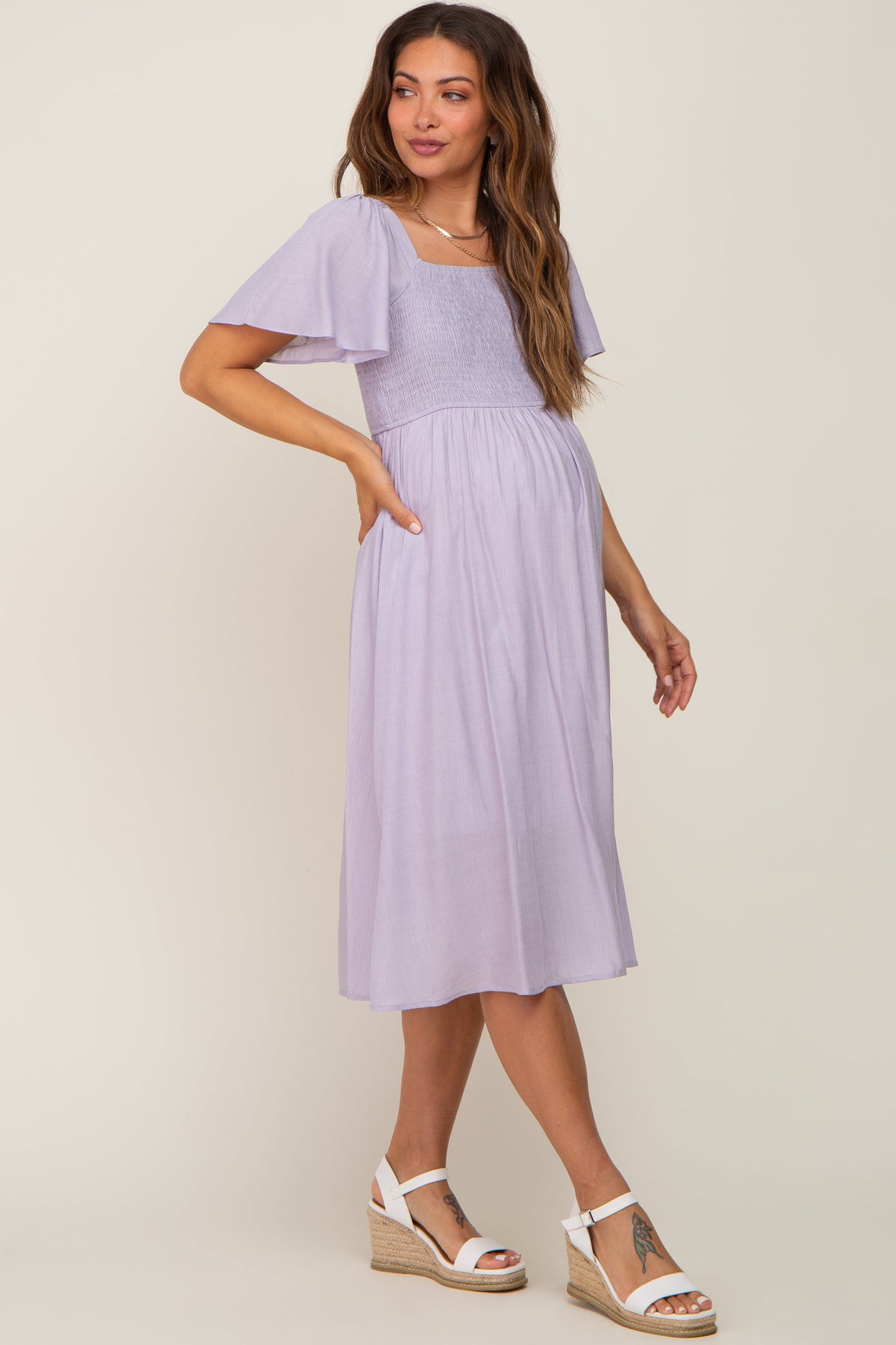 Lavender Smocked Square Neck Flutter Short Sleeve Maternity Midi Dress by PinkBlush at Everetts Place