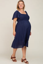 Navy Blue Smocked Square Neck Flutter Short Sleeve Maternity Plus Midi Dress by PinkBlush (view 2 of 5)