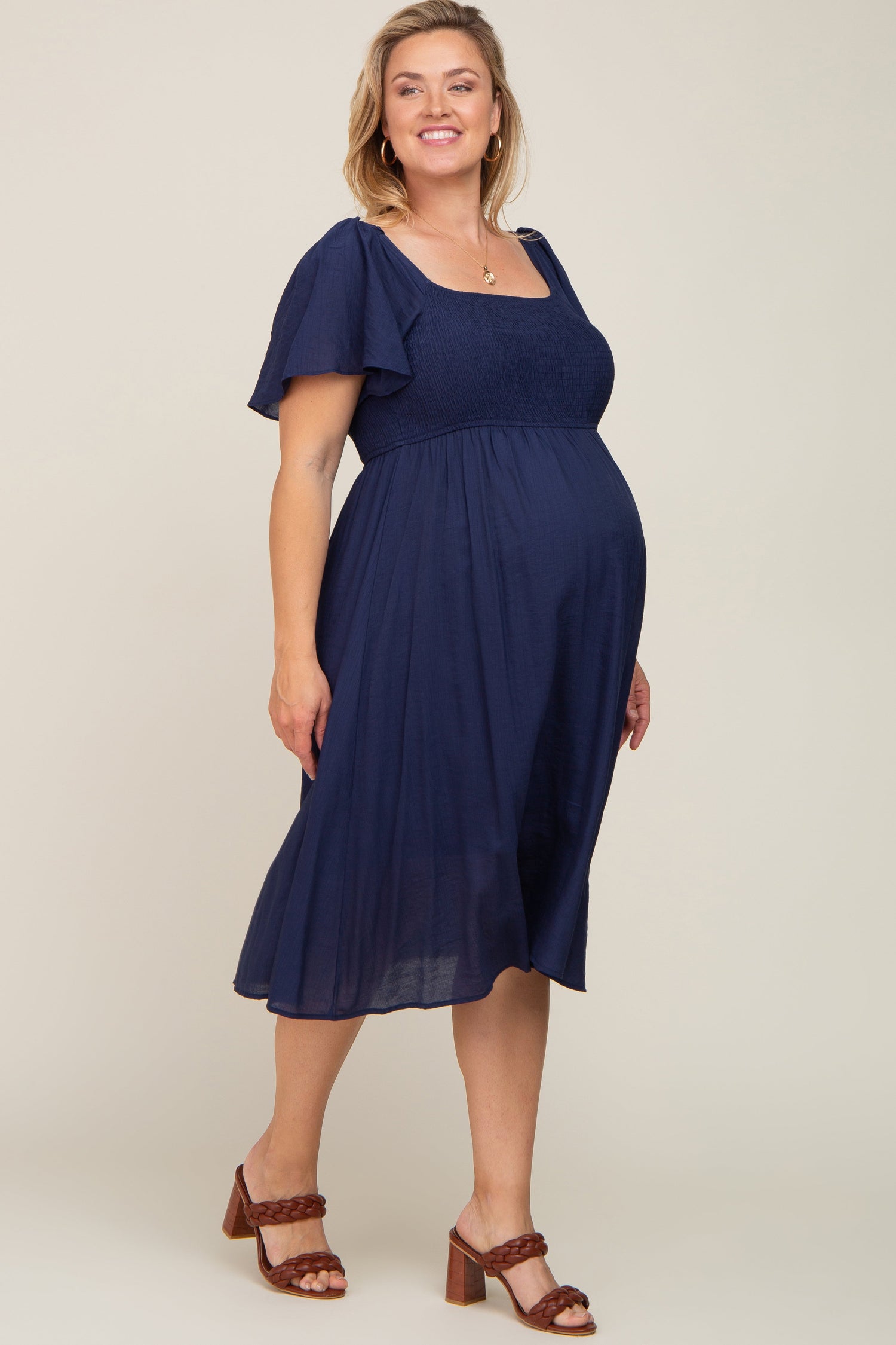 Navy Blue Smocked Square Neck Flutter Short Sleeve Maternity Plus Midi Dress by PinkBlush at Everetts Place