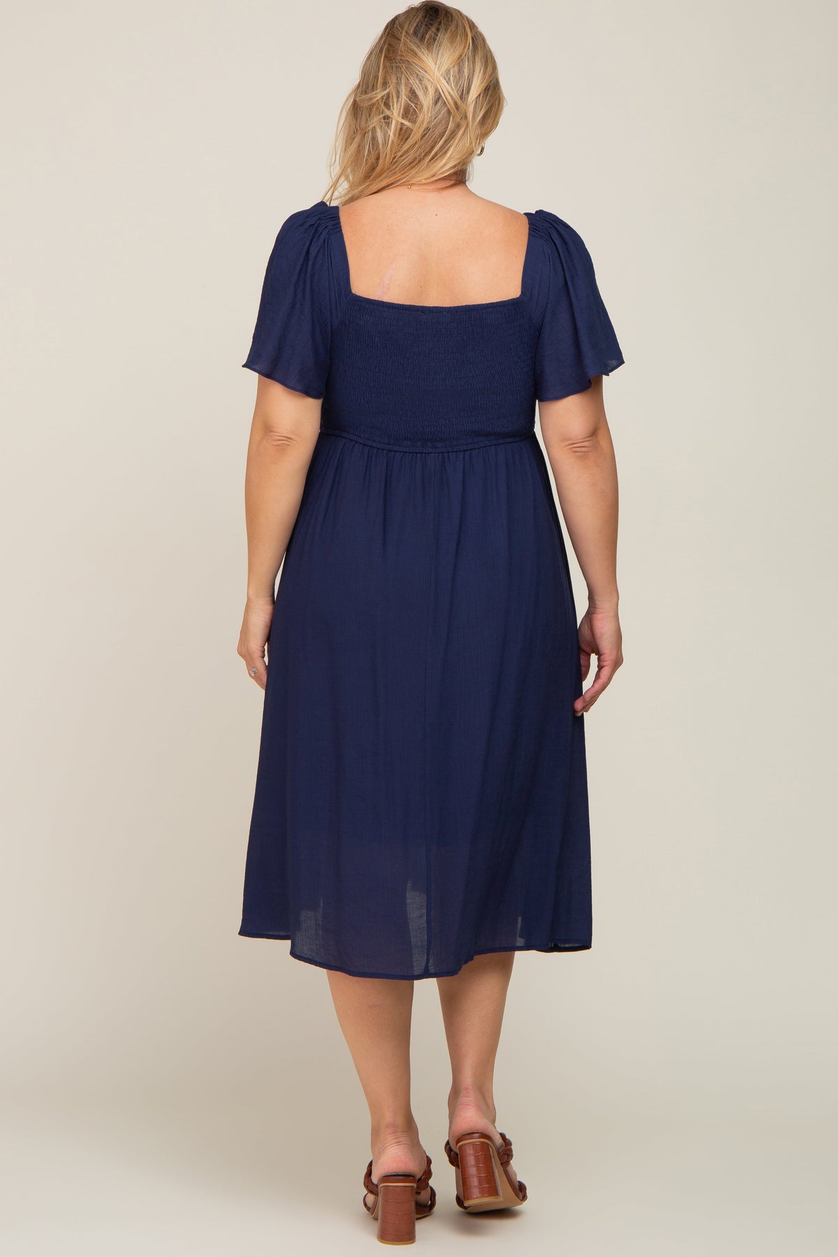 Navy Blue Smocked Square Neck Flutter Short Sleeve Maternity Plus Midi Dress by PinkBlush (view 3 of 5)
