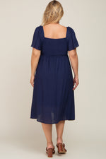 Navy Blue Smocked Square Neck Flutter Short Sleeve Maternity Plus Midi Dress by PinkBlush (view 3 of 5)