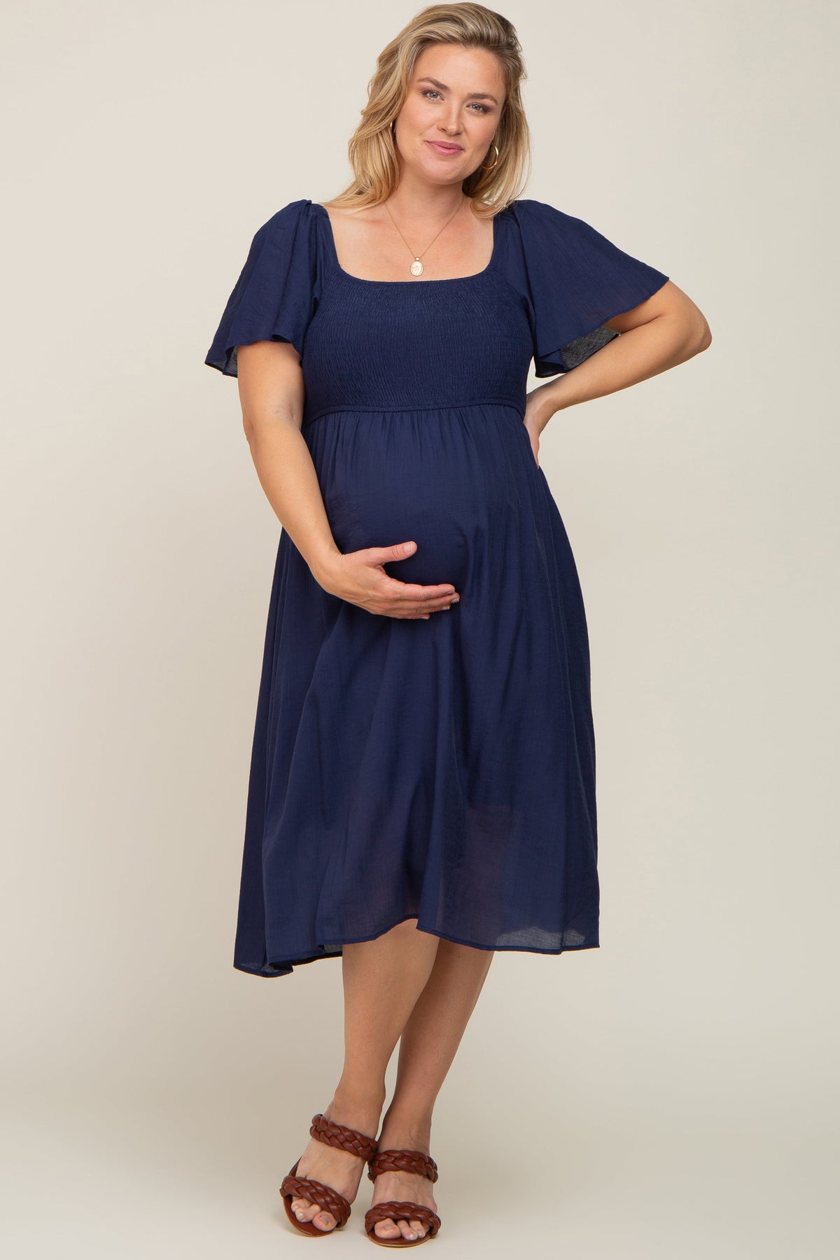 Navy Blue Smocked Square Neck Flutter Short Sleeve Maternity Plus Midi Dress by PinkBlush (view 4 of 5)
