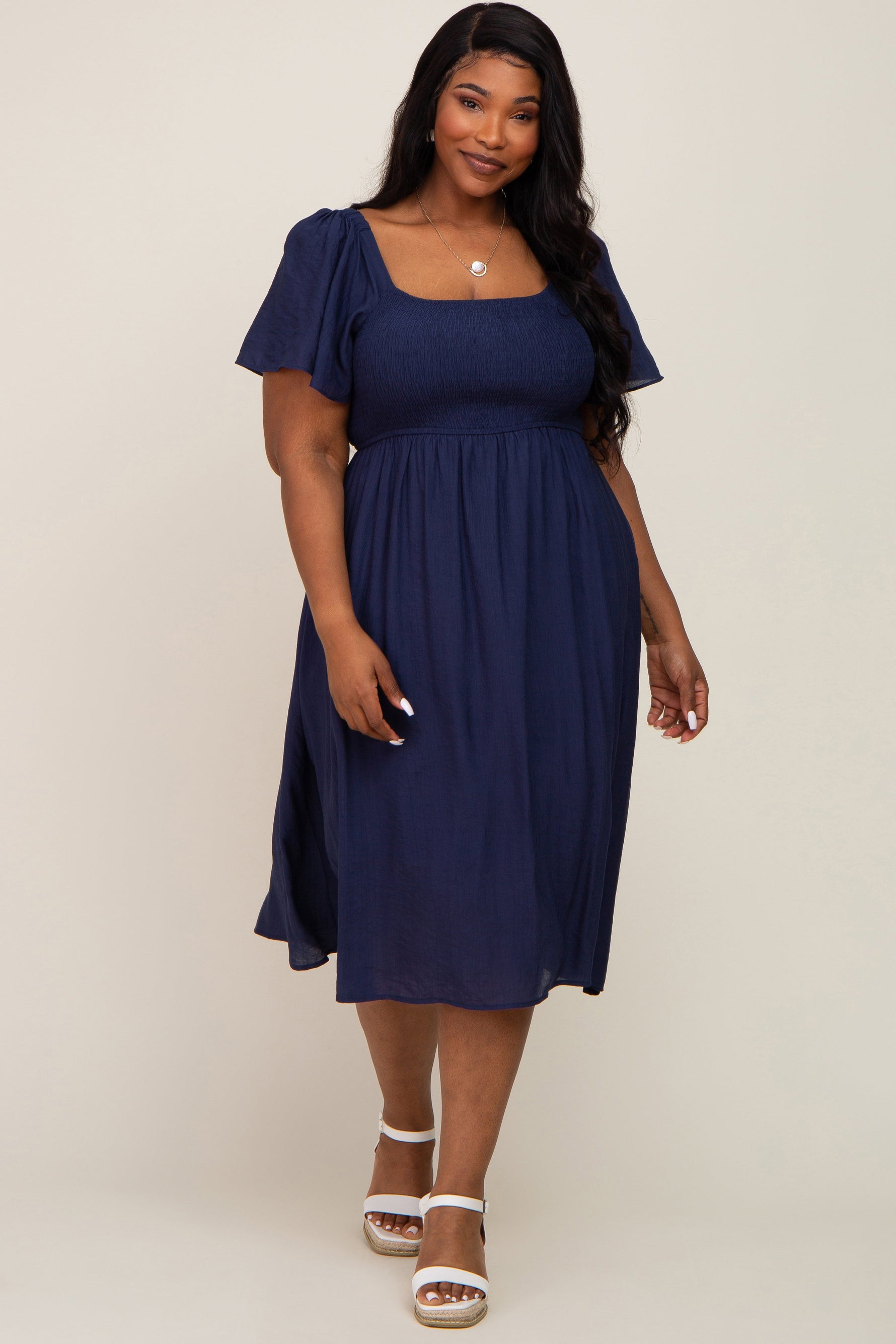 Navy Blue Smocked Square Neck Flutter Short Sleeve Maternity Plus Midi Dress by PinkBlush at Everetts Place