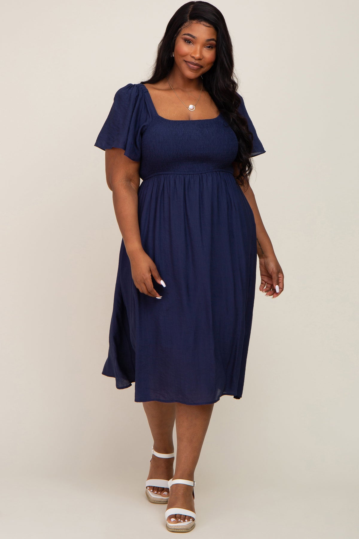 Navy Blue Smocked Square Neck Flutter Short Sleeve Maternity Plus Midi Dress by PinkBlush (view 5 of 5)