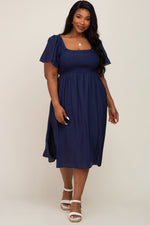Navy Blue Smocked Square Neck Flutter Short Sleeve Maternity Plus Midi Dress by PinkBlush (view 5 of 5)