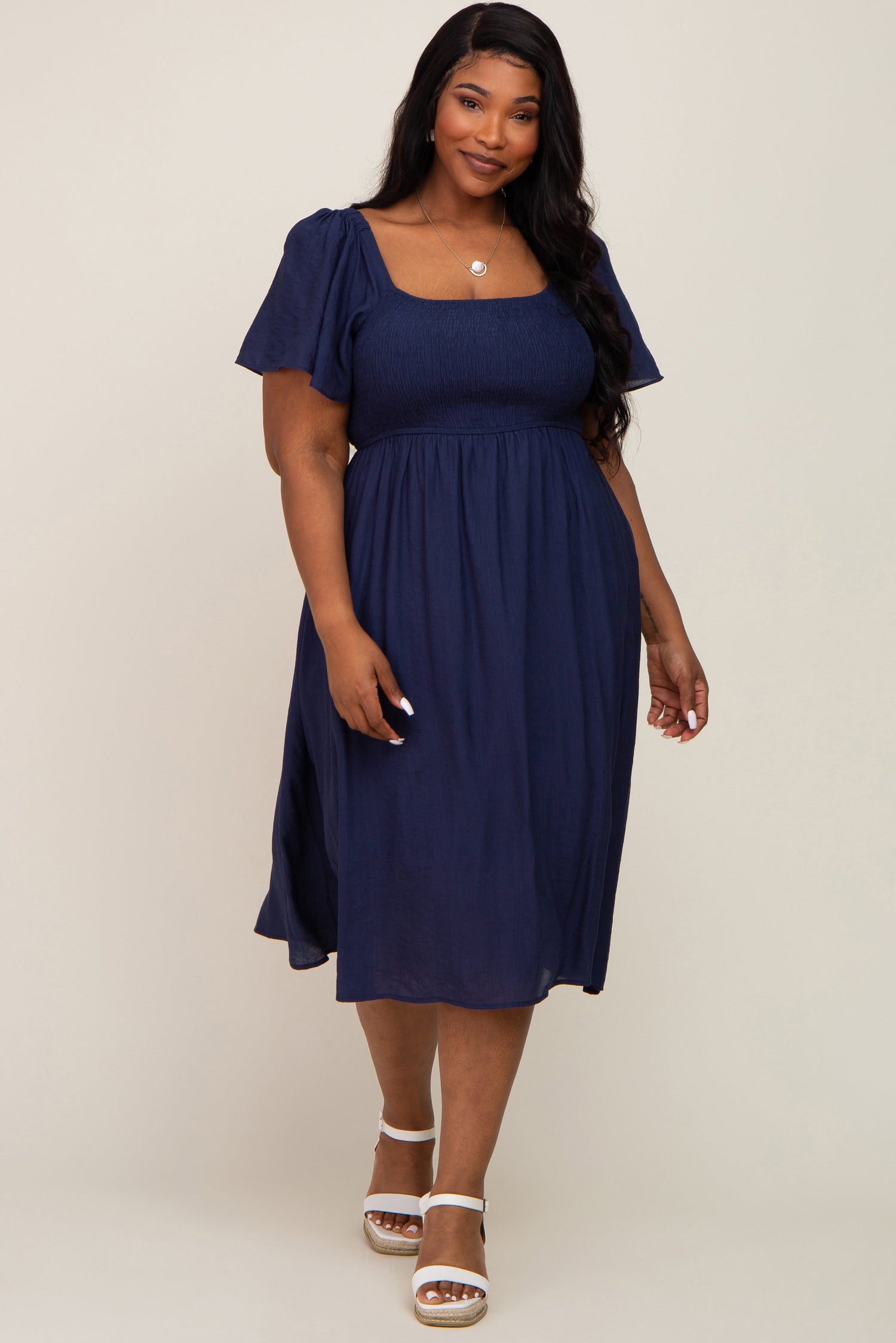 Navy Blue Smocked Square Neck Flutter Short Sleeve Plus Midi Dress - Sleeve, Shoulder, Dress, Day Dress, One-piece garment | Everetts Place