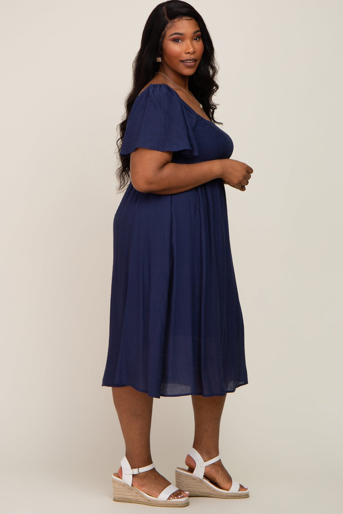 Navy Blue Smocked Square Neck Flutter Short Sleeve Plus Midi Dress by PinkBlush (view 2 of 4)