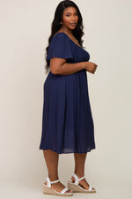 Navy Blue Smocked Square Neck Flutter Short Sleeve Plus Midi Dress by PinkBlush (view 2 of 4)