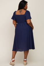 Navy Blue Smocked Square Neck Flutter Short Sleeve Plus Midi Dress by PinkBlush (view 3 of 4)