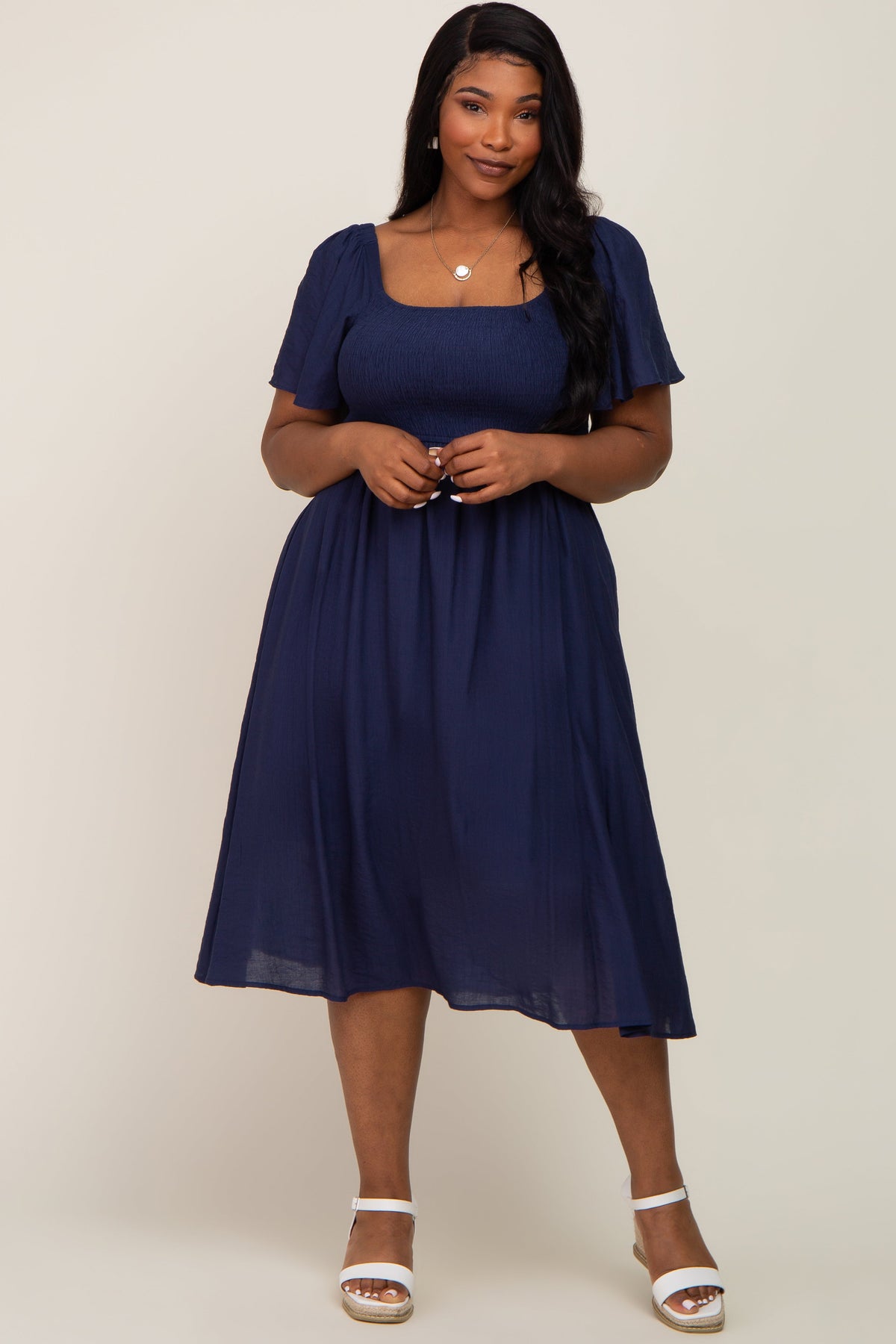 Navy Blue Smocked Square Neck Flutter Short Sleeve Plus Midi Dress by PinkBlush (view 4 of 4)
