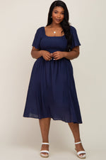 Navy Blue Smocked Square Neck Flutter Short Sleeve Plus Midi Dress by PinkBlush (view 4 of 4)