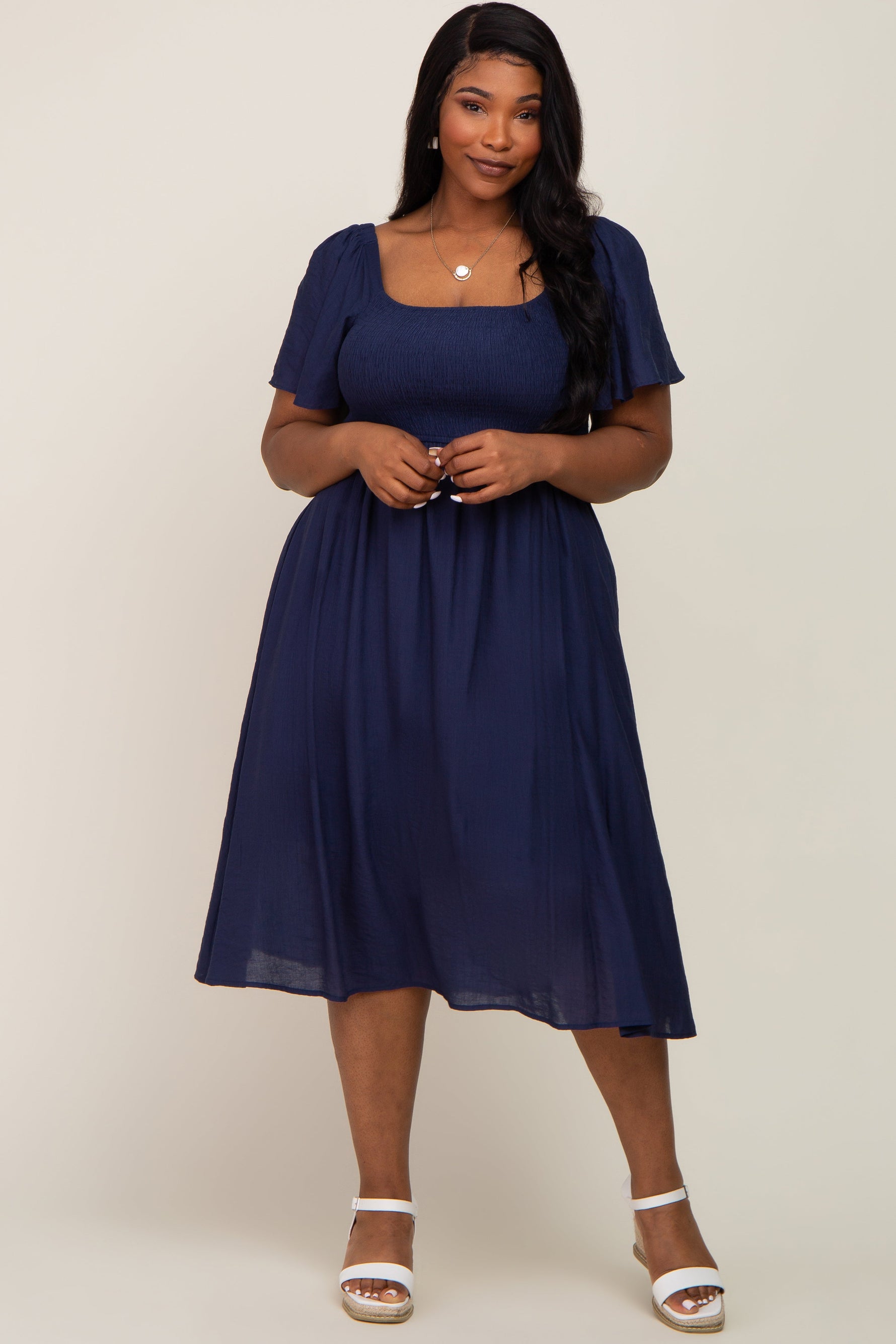 Navy Blue Smocked Square Neck Flutter Short Sleeve Plus Midi Dress by PinkBlush at Everetts Place