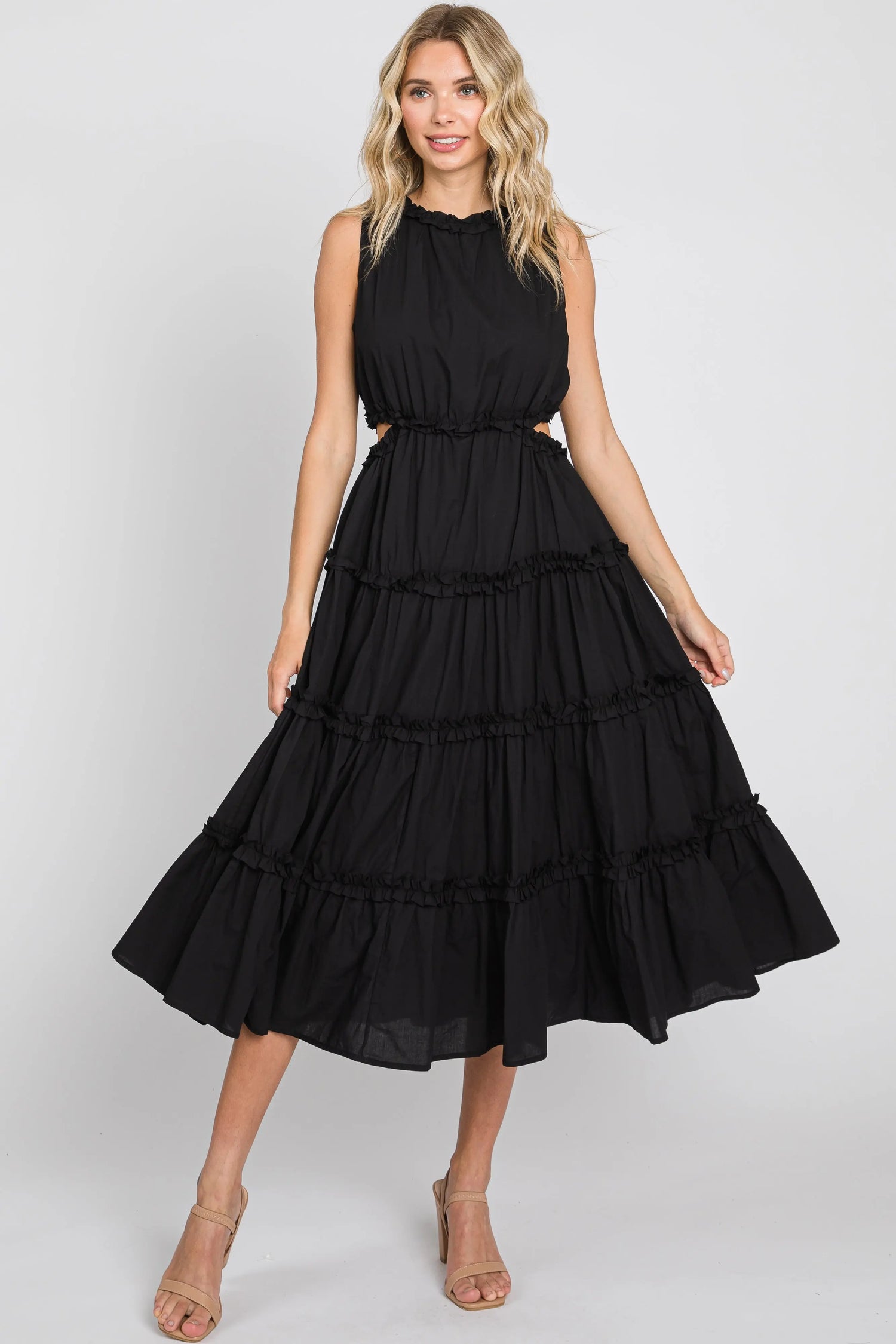 Black Tiered Ruffle Cutout Midi Dress PinkBlush 