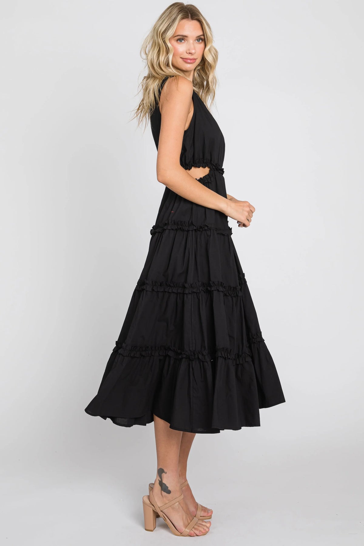 PinkBlush Elegant Black Tiered Ruffle Midi Dress with Cutouts for Evening Events - Apparel & Accessories > Clothing > Dresses