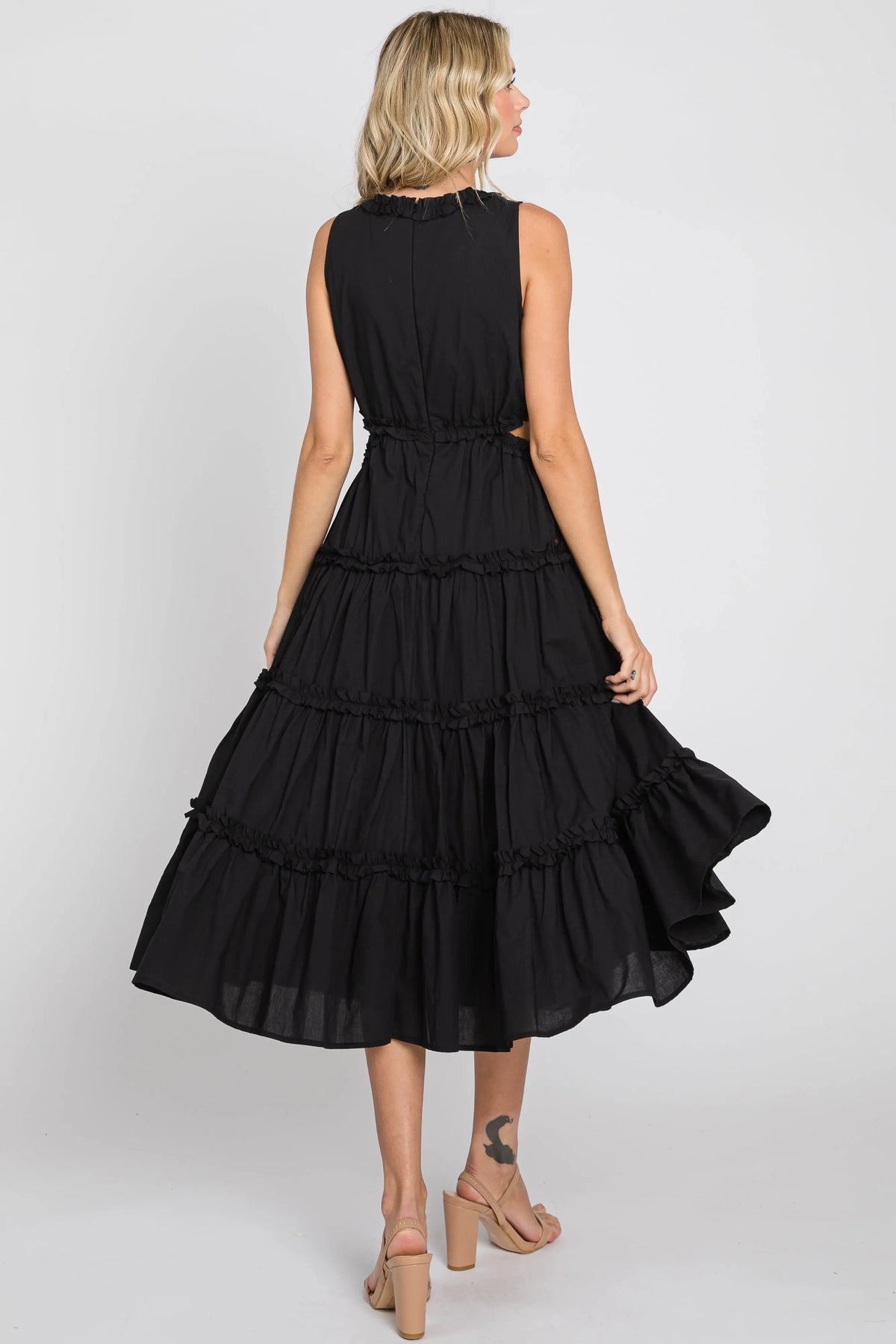 PinkBlush Elegant Black Tiered Ruffle Midi Dress with Cutouts for Evening Events - Apparel & Accessories > Clothing > Dresses