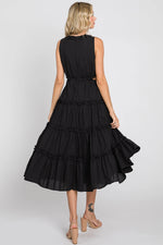 PinkBlush Elegant Black Tiered Ruffle Midi Dress with Cutouts for Evening Events - Apparel & Accessories > Clothing > Dresses