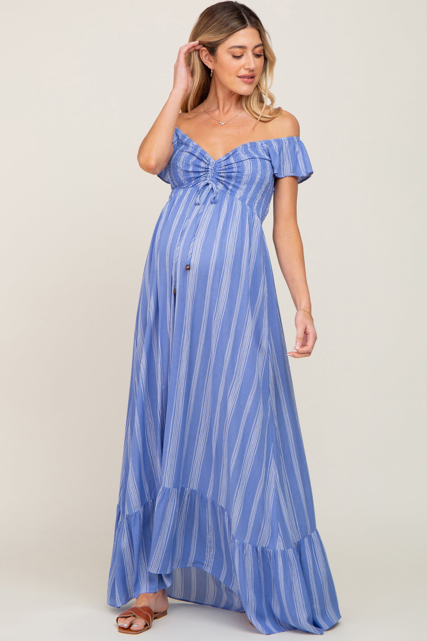 Blue Striped Off Shoulder Front Tie Maternity Maxi Dress by PinkBlush at Everetts Place