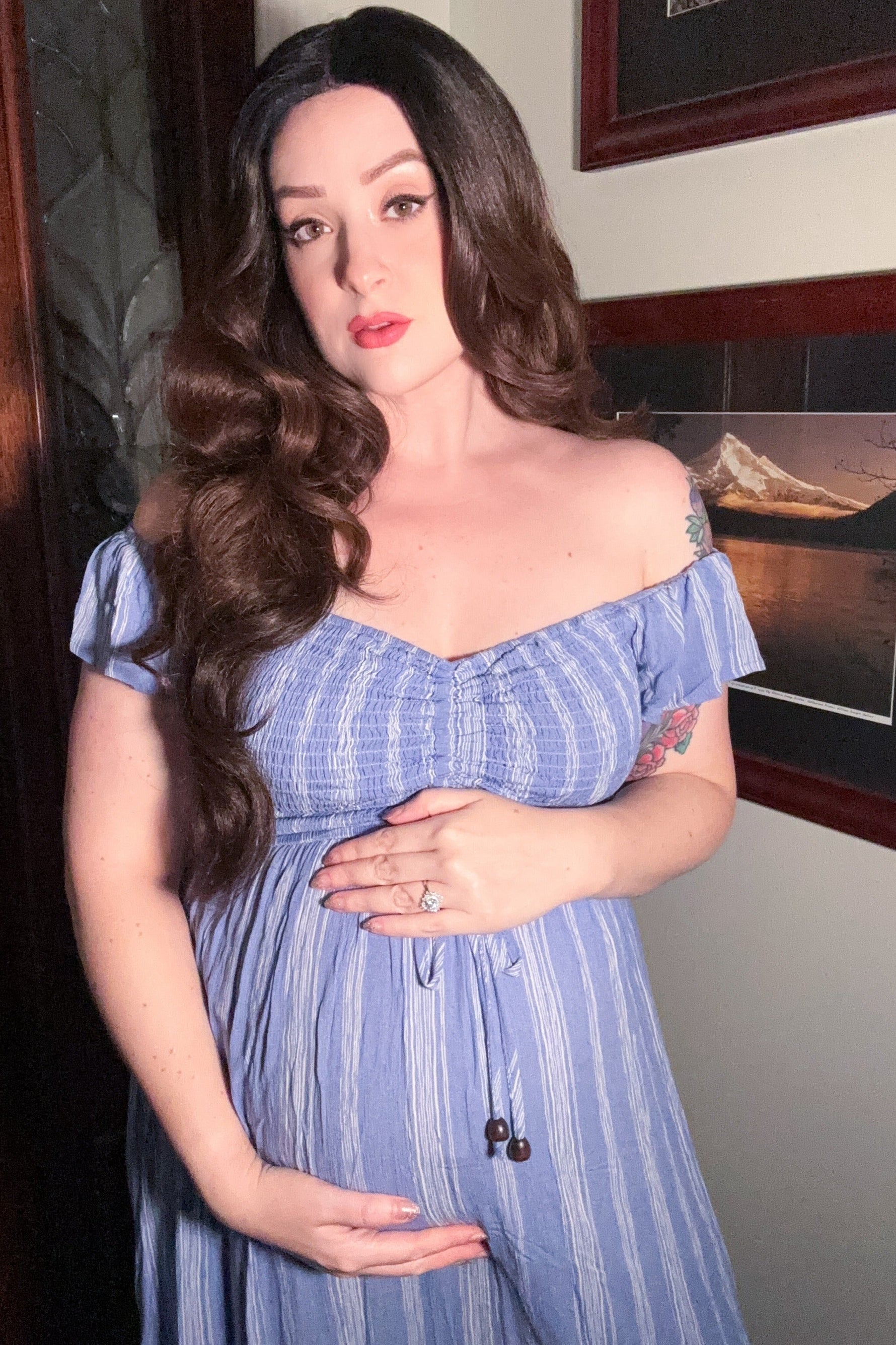 Blue Striped Off Shoulder Front Tie Maternity Maxi Dress by PinkBlush at Everetts Place