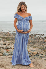 Blue Striped Off Shoulder Front Tie Maternity Maxi Dress by PinkBlush at Everetts Place