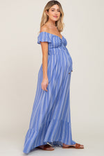 Blue Striped Off Shoulder Front Tie Maternity Maxi Dress by PinkBlush at Everetts Place