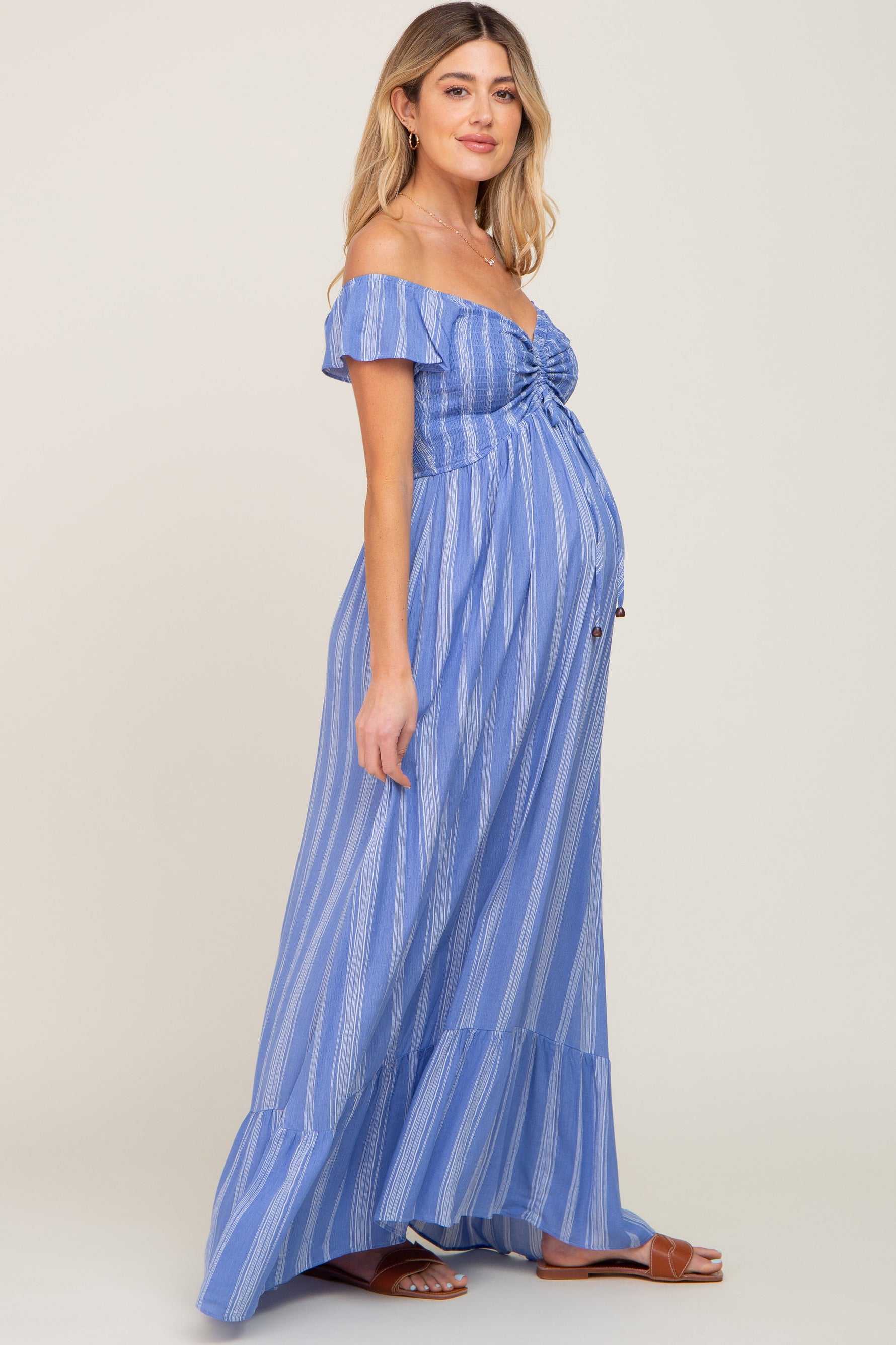 Blue Striped Off Shoulder Front Tie Maternity Maxi Dress by PinkBlush at Everetts Place
