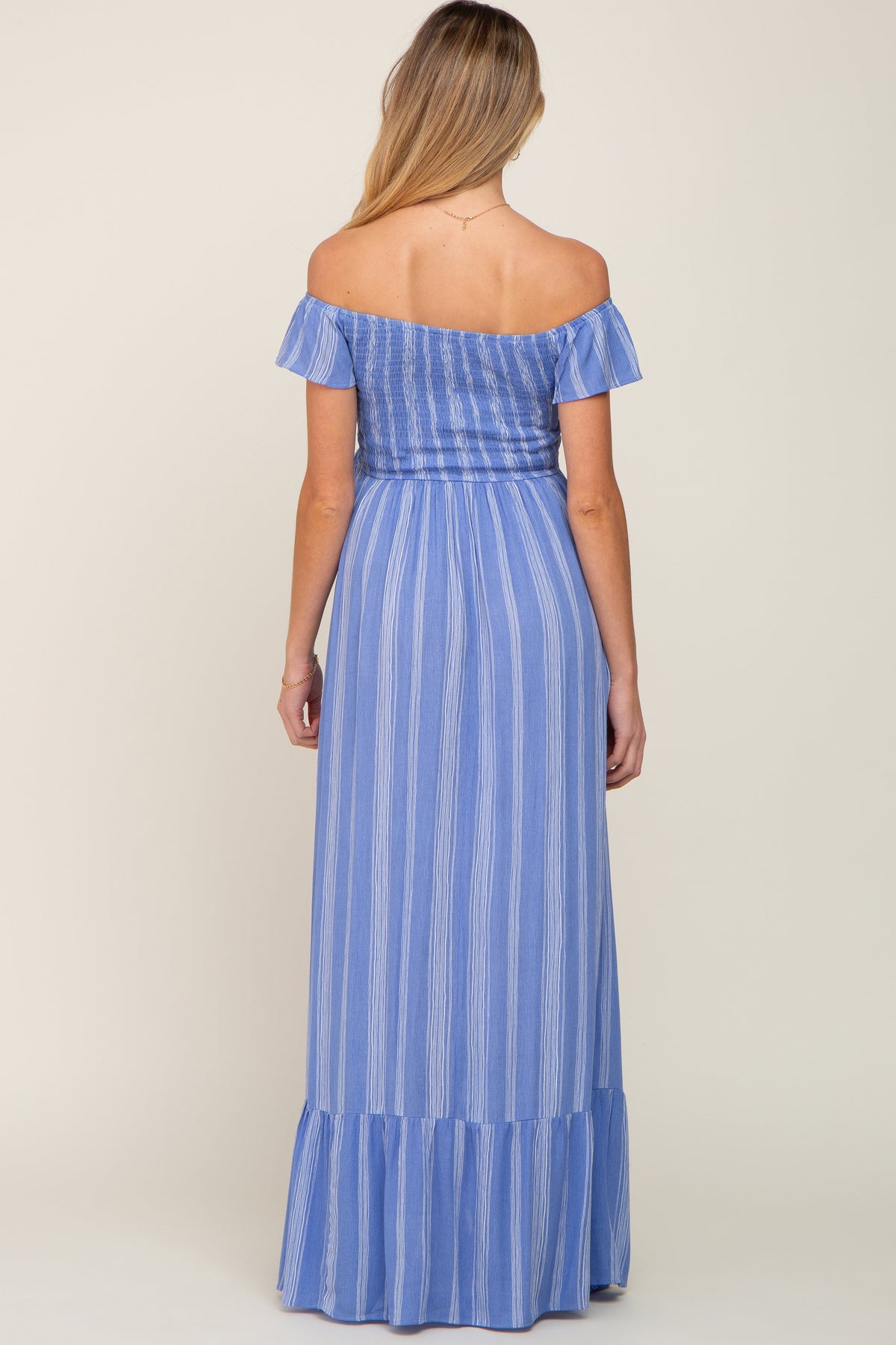 Blue Striped Off Shoulder Front Tie Maternity Maxi Dress by PinkBlush at Everetts Place
