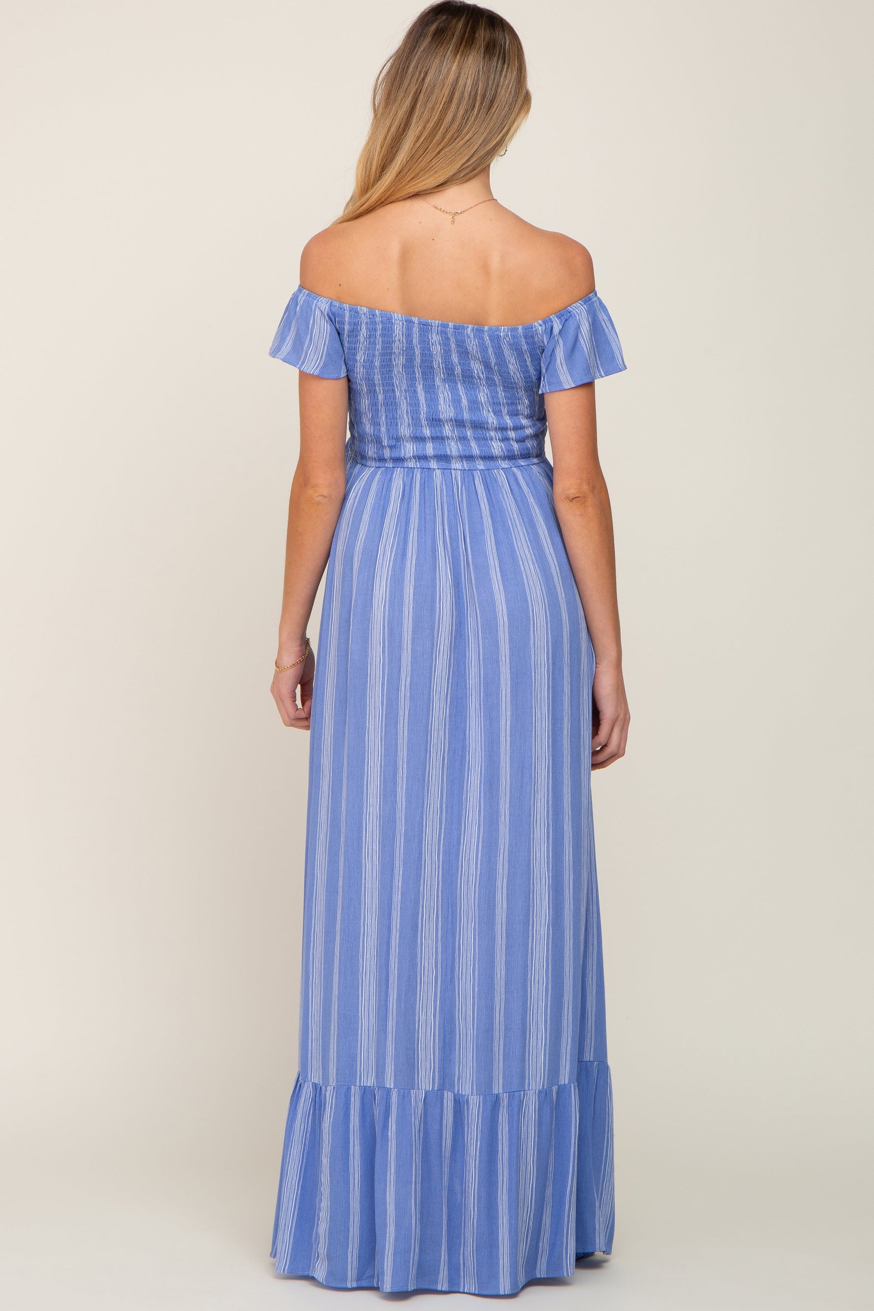 Blue Striped Off Shoulder Front Tie Maternity Maxi Dress by PinkBlush at Everetts Place