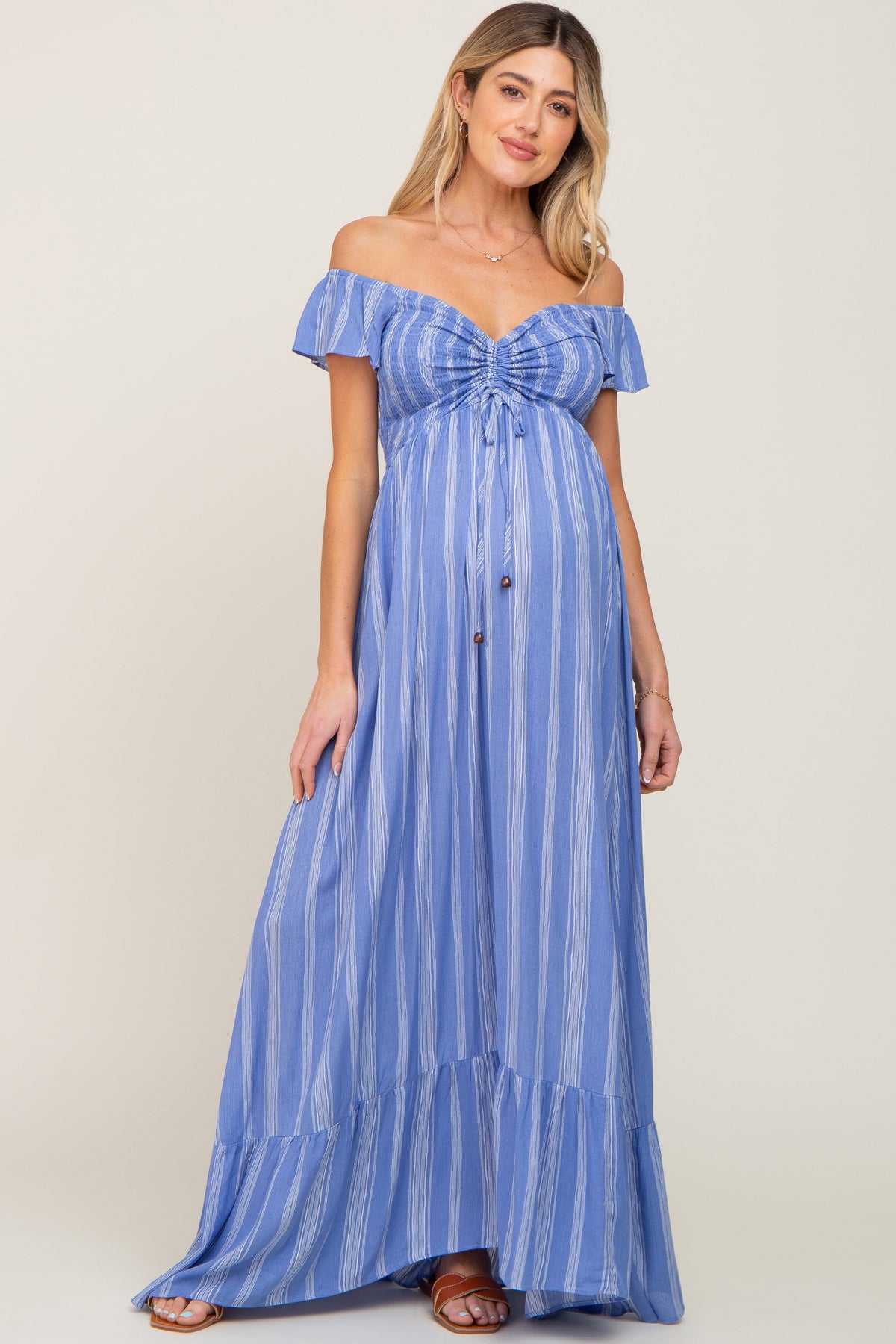 Blue Striped Off Shoulder Front Tie Maternity Maxi Dress by PinkBlush at Everetts Place