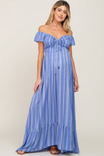 Blue Striped Off Shoulder Front Tie Maternity Maxi Dress by PinkBlush at Everetts Place
