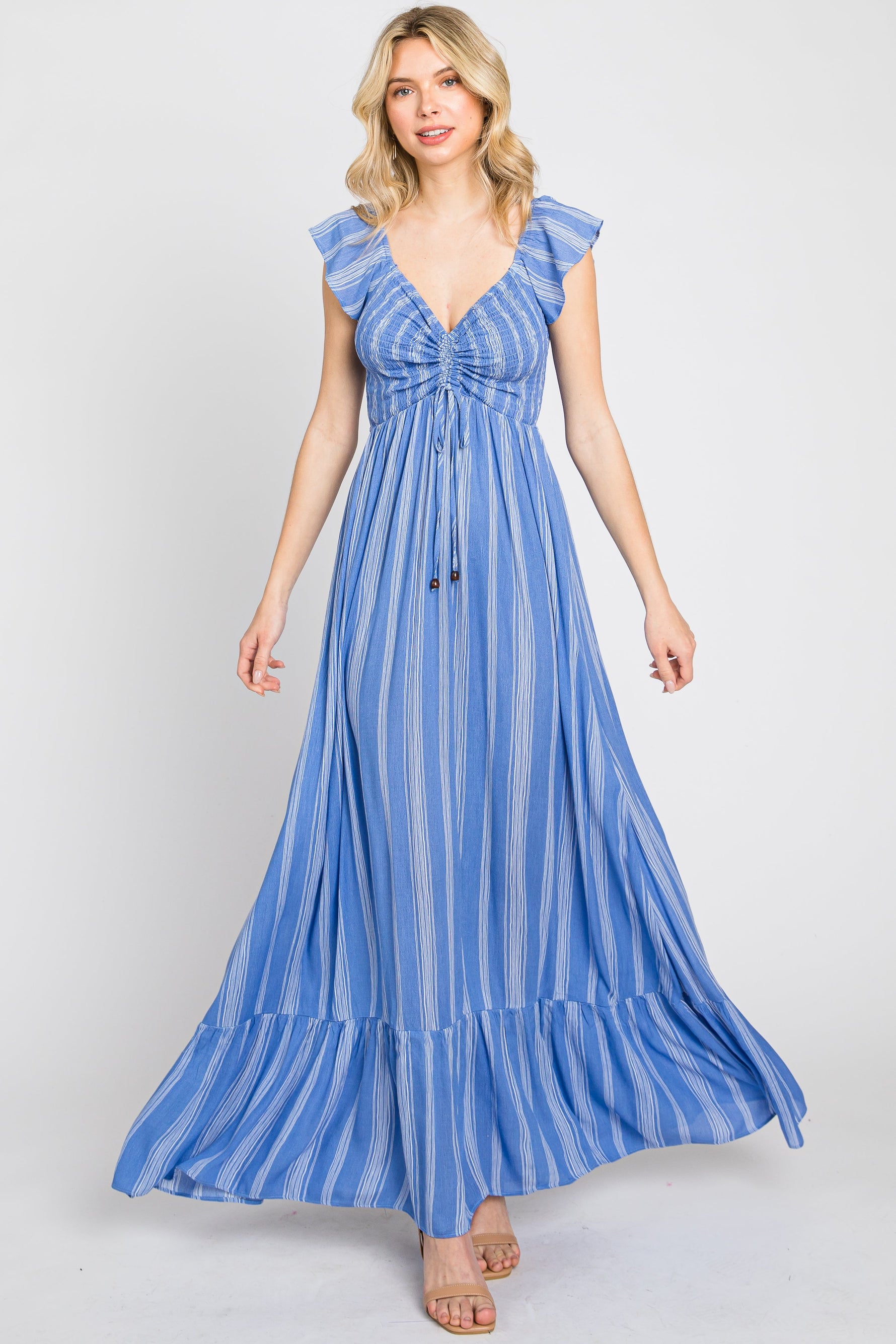Blue Striped Off Shoulder Front Tie Maxi Dress by PinkBlush at Everetts Place