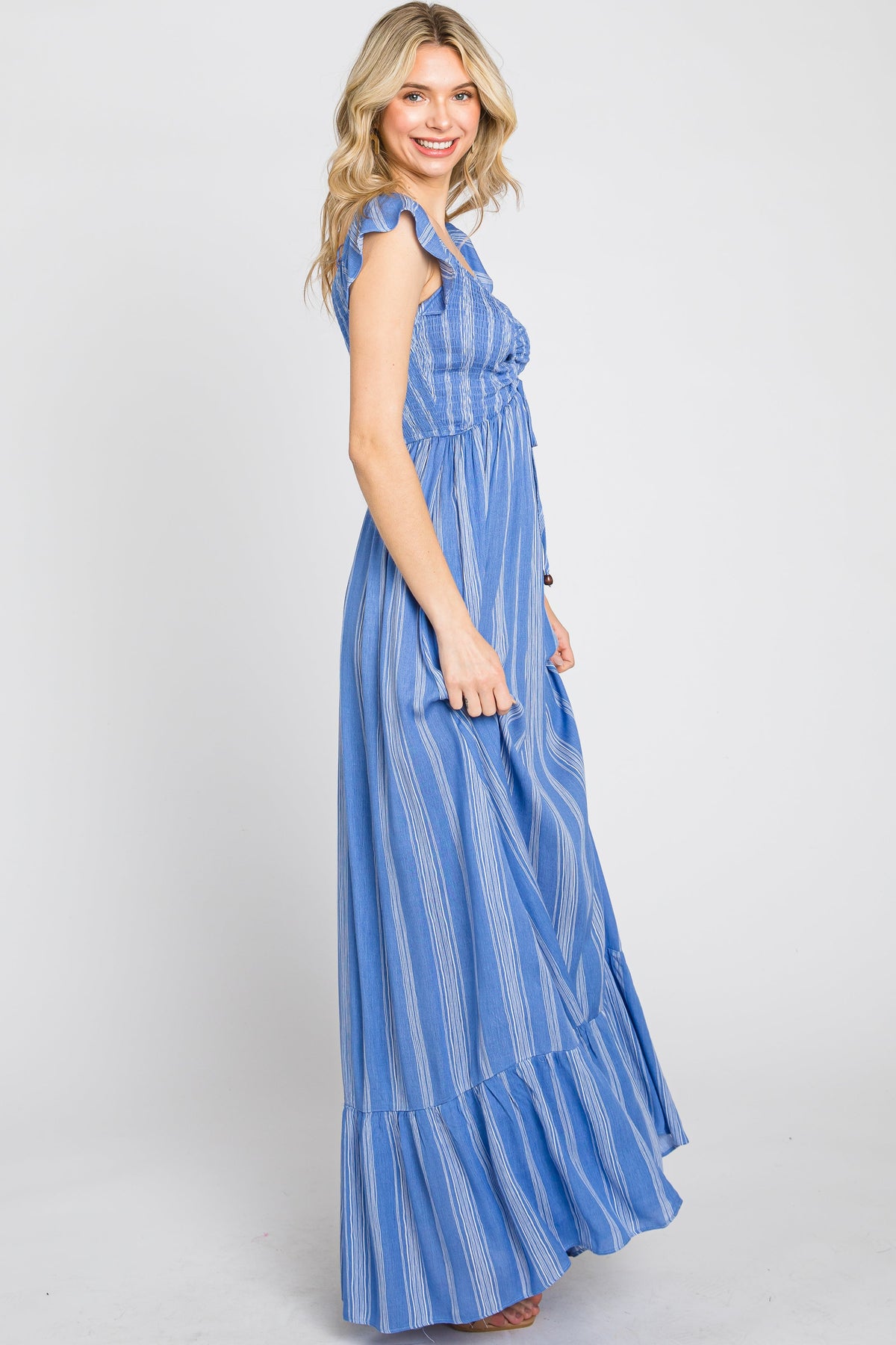 Blue Striped Off Shoulder Front Tie Maxi Dress by PinkBlush at Everetts Place